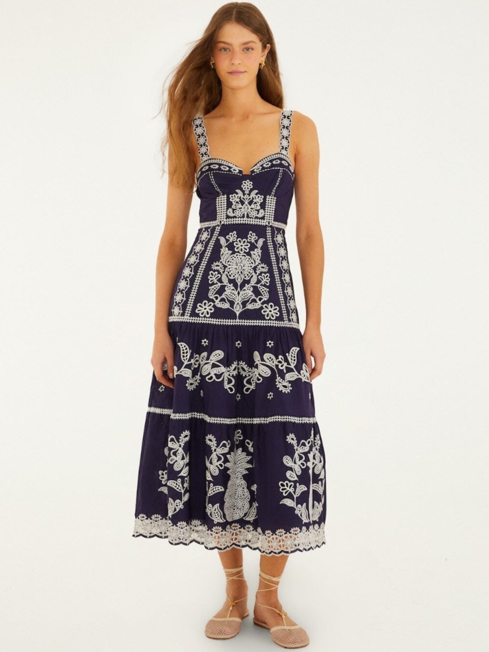 Farm Rio Blue Richelieu Embroidered Midi Dress